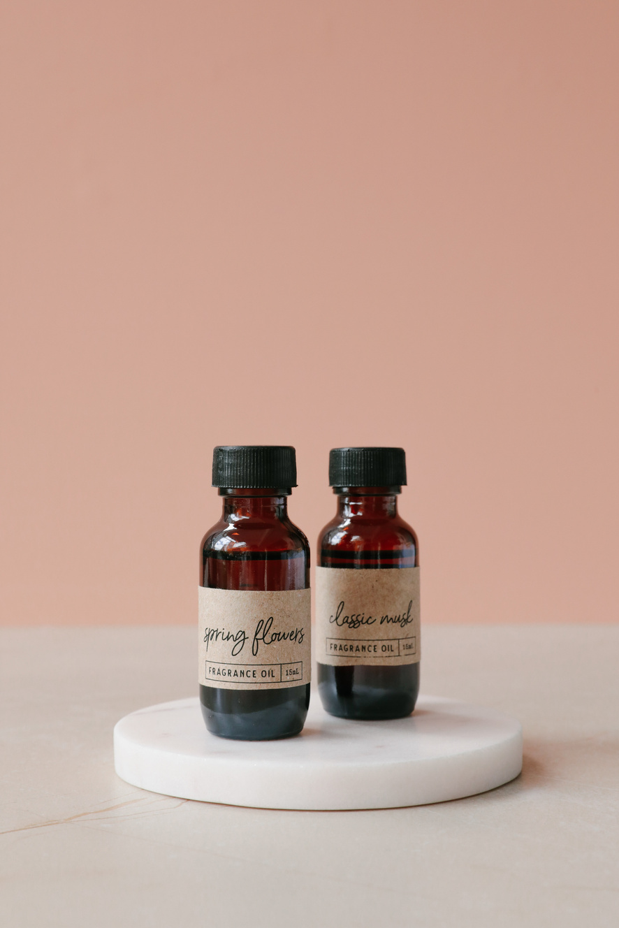 Two bottles of essential oils bottles